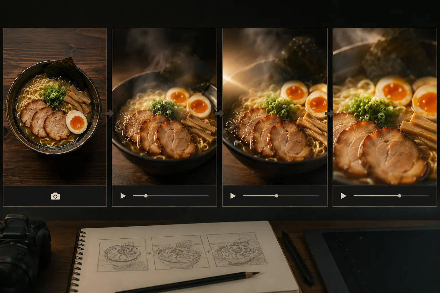 Food photo to video AI storyboard with steam, light sweep, camera push, and final frame