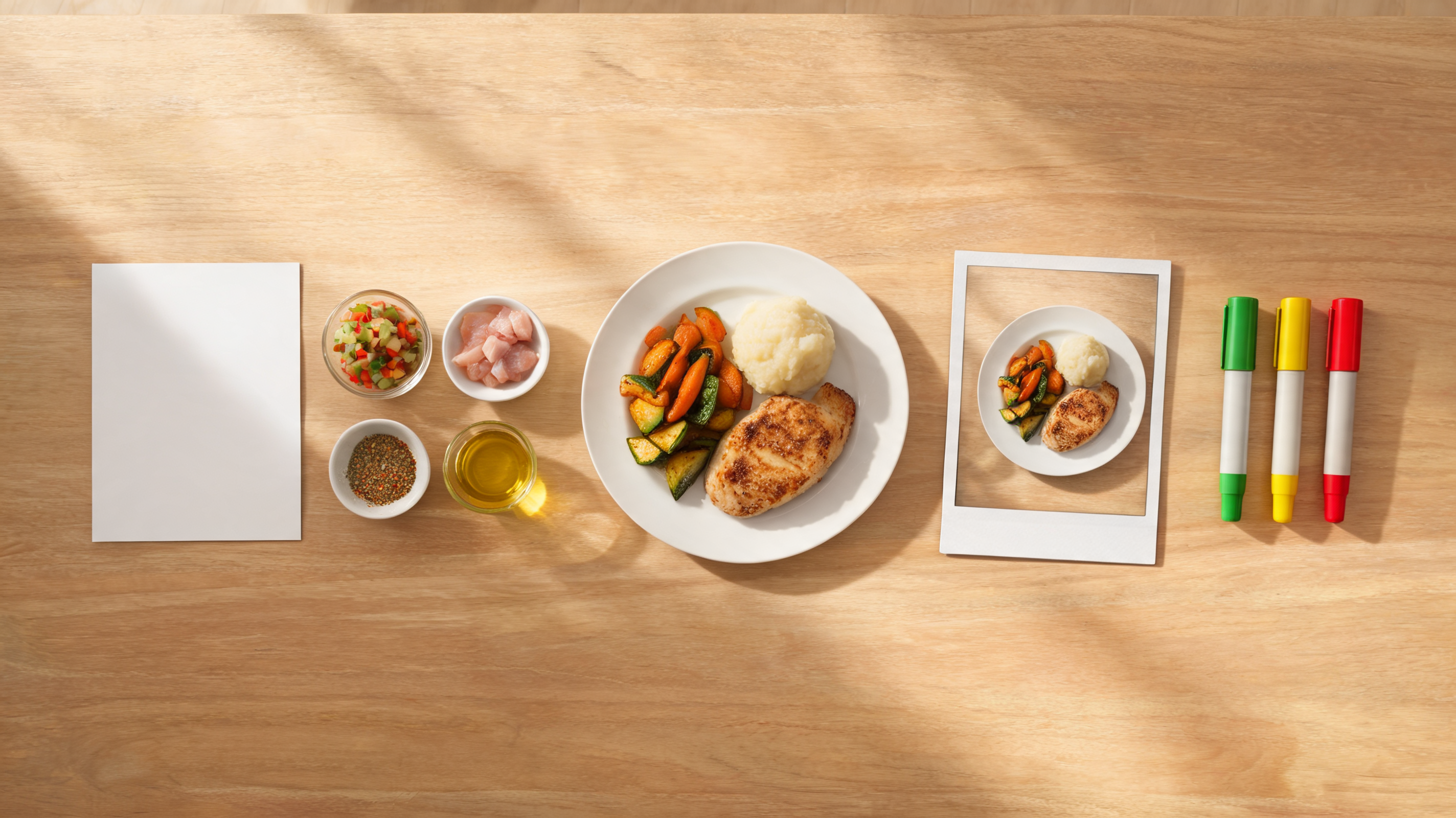 A restaurant content approval desk with a menu specification sheet, ingredient notes, final food-video frames, and clear approve-revise-reject markers