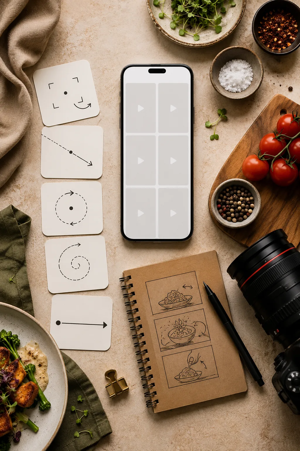 Food video social workflow desk with phone previews, camera cards, and styling props