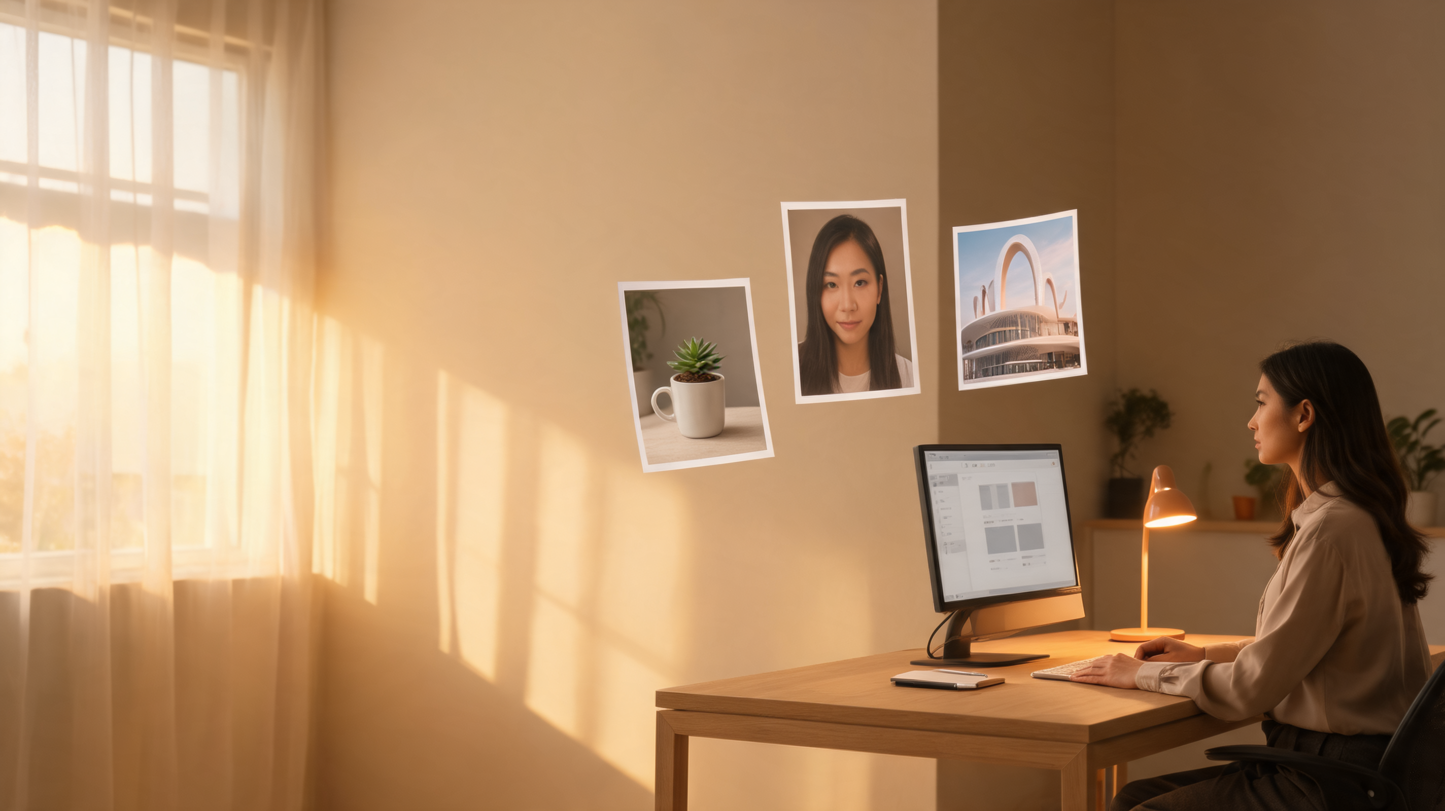 Creative professional reviewing a collection of generated image concepts at a desk