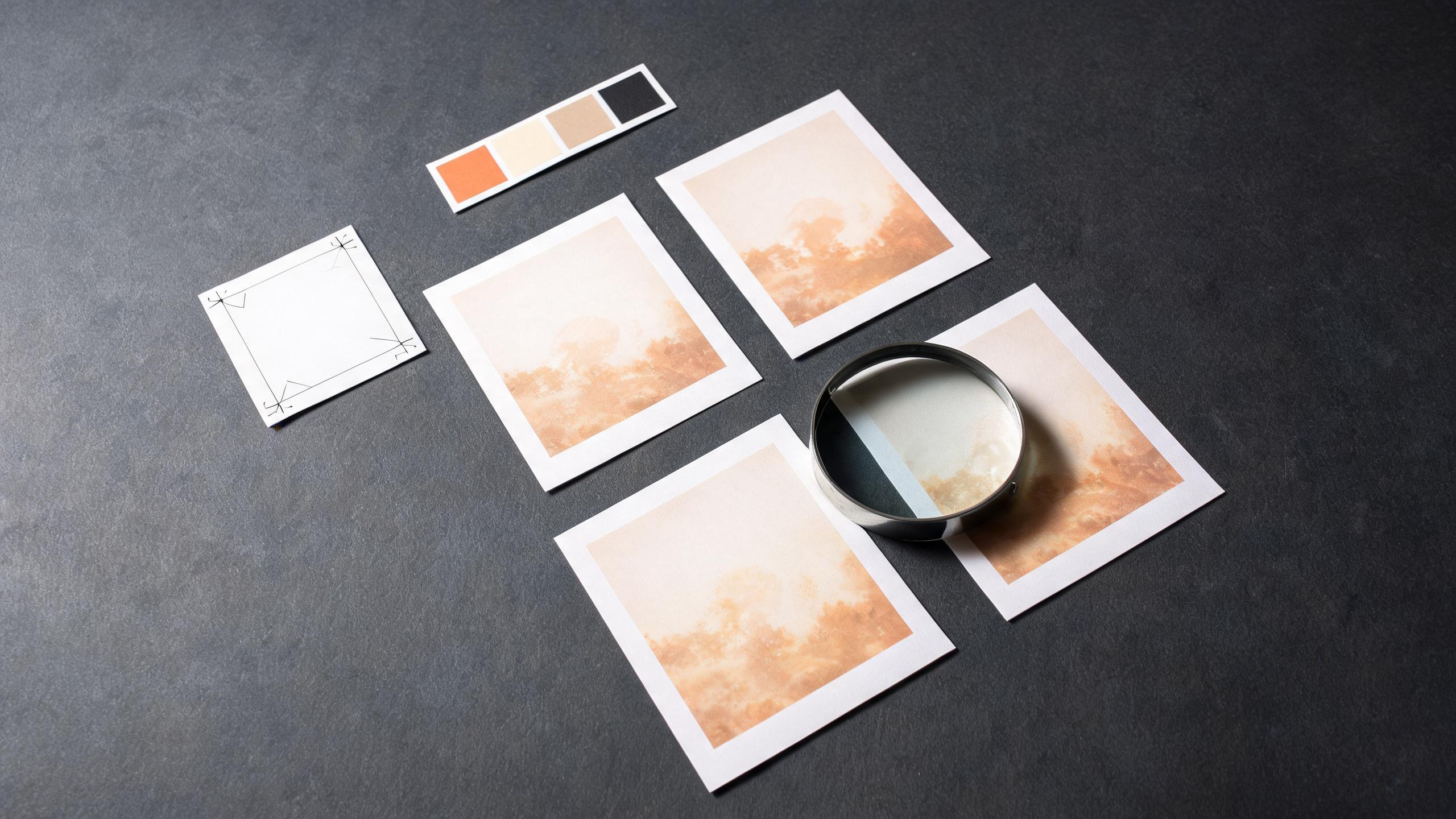 Overhead review desk with unbranded image proofs, crop guide, and color swatches