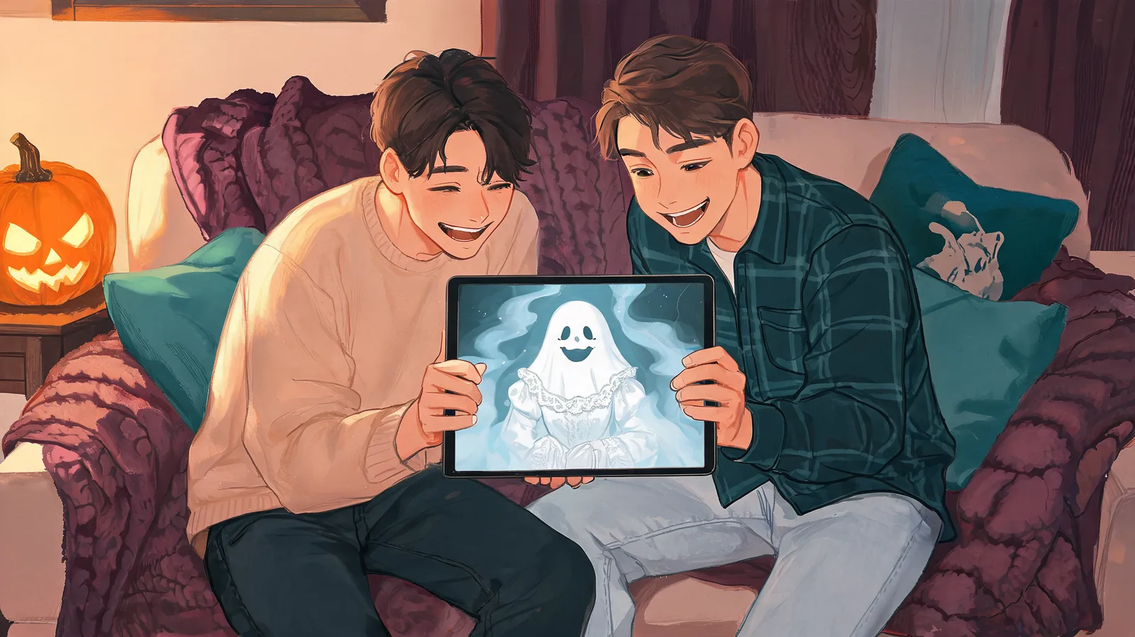 Illustration of two consenting adult friends laughing together at a spooky portrait on a tablet