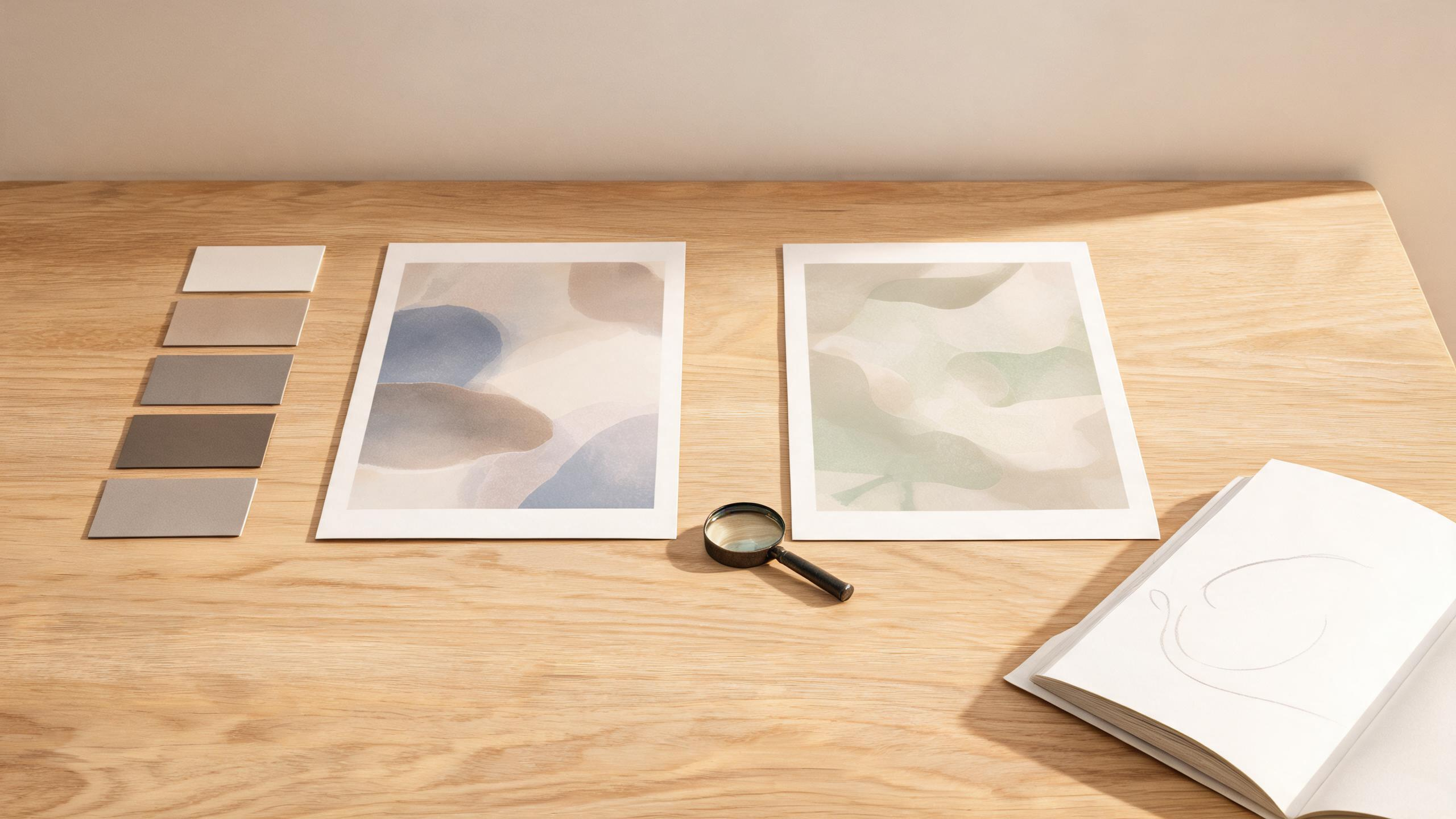 An editorial quality-review scene with two abstract source and revised prints side by side, a magnifying loupe, neutral color swatches, and a restrained warm studio palette; no readable text or app interface