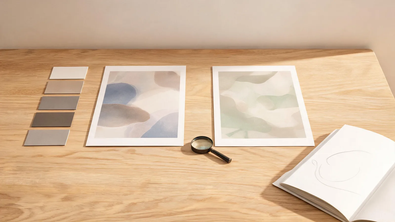 An editorial quality-review scene with two abstract source and revised prints side by side, a magnifying loupe, neutral color swatches, and a restrained warm studio palette; no readable text or app interface