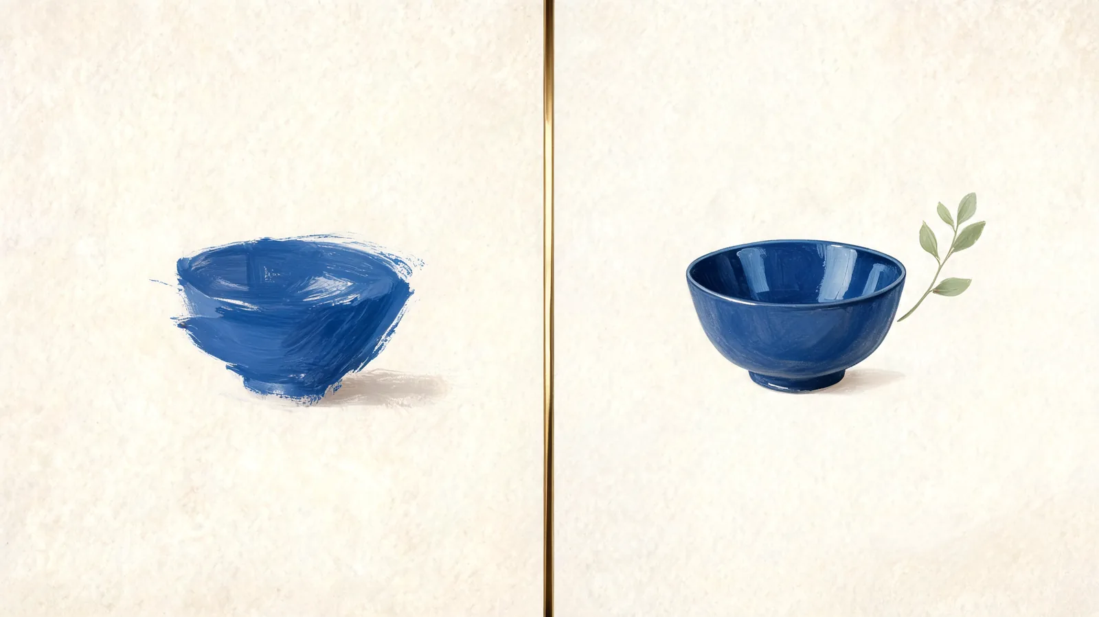 Conceptual diptych of a broad brush and a fine brush rendering a cobalt bowl, representing speed and precision.