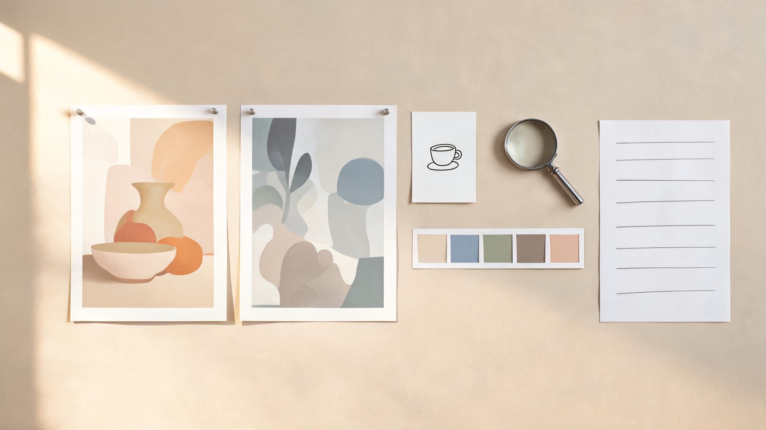 A 16:9 editorial planning desk with a blank image brief card, a small coffee-cup still-life print, an aspect-ratio frame, and a calm natural-light studio palette; no readable text, logos, watermark, or app interface
