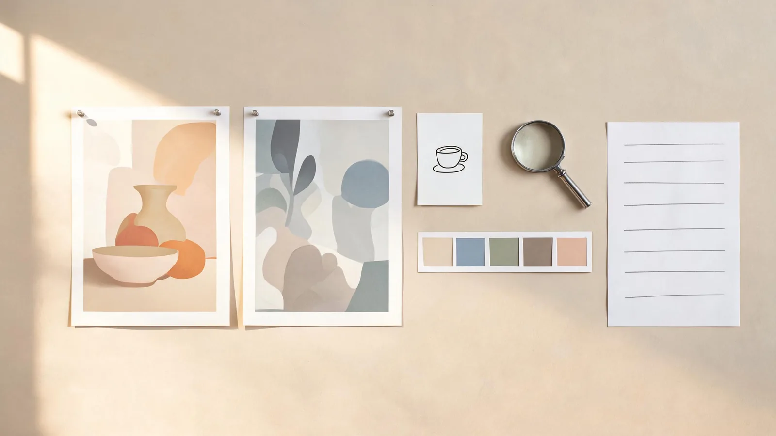 A 16:9 editorial planning desk with a blank image brief card, a small coffee-cup still-life print, an aspect-ratio frame, and a calm natural-light studio palette; no readable text, logos, watermark, or app interface