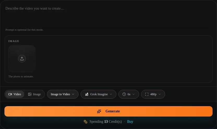 ClipTrend interface with Grok Imagine, the 6-second duration control, and image-to-video mode selected