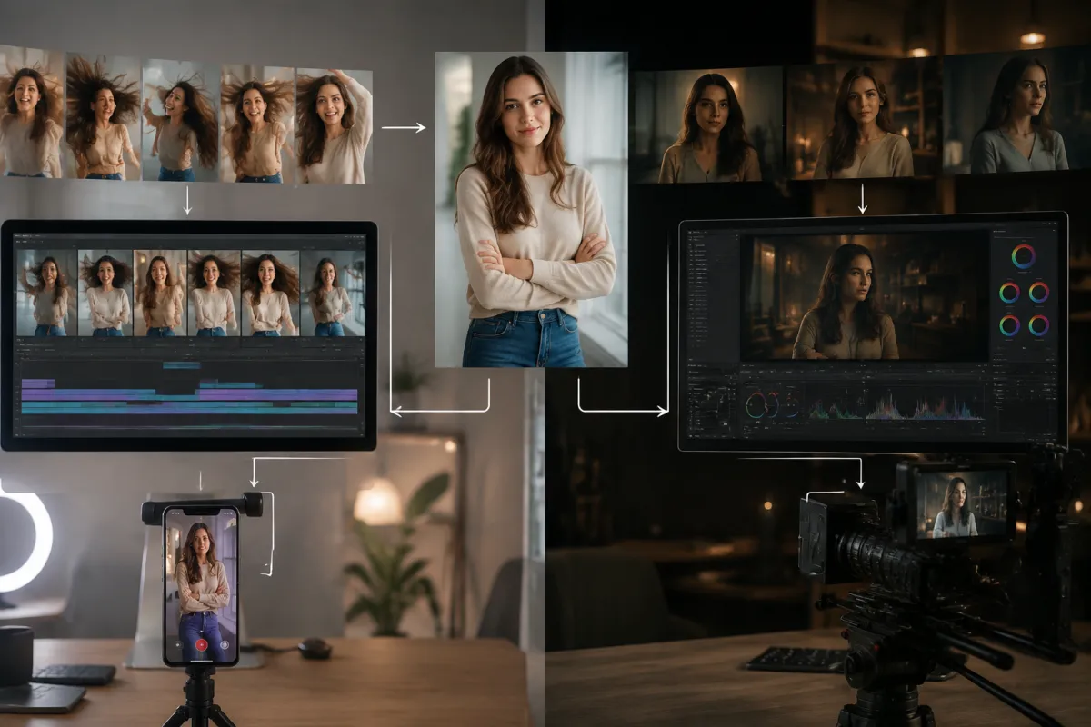 A neutral comparison of two image-to-video workflows starting from the same adult portrait, one optimized for fast expression and one for controlled cinematic motion