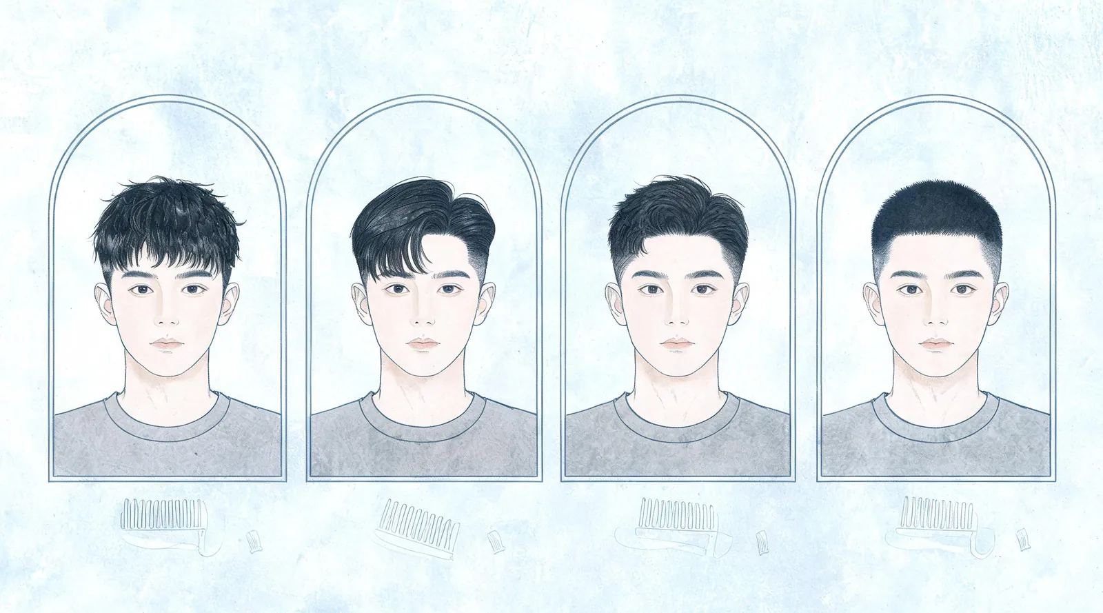 Illustrated haircut comparison with a textured top, side part, modest quiff and short cut
