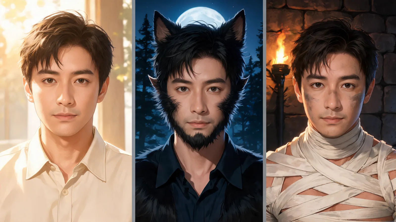 Illustrated man in an ordinary portrait, as a werewolf in a moonlit forest, and as a mummy with his face uncovered