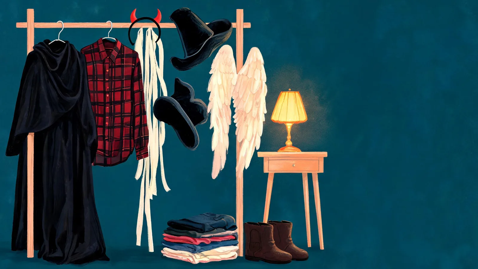 Illustrated Halloween wardrobe with capes, plaid, fabric strips, hats, wings, and red horns
