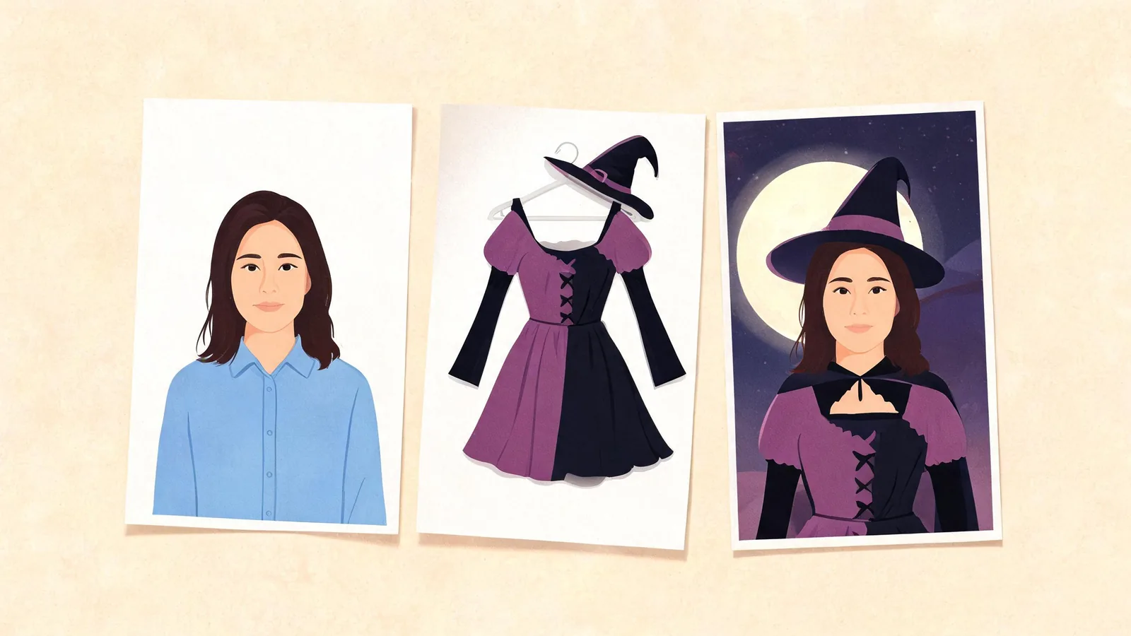 Illustration of an adult selfie, a witch outfit on a hanger, and a conceptual costume preview