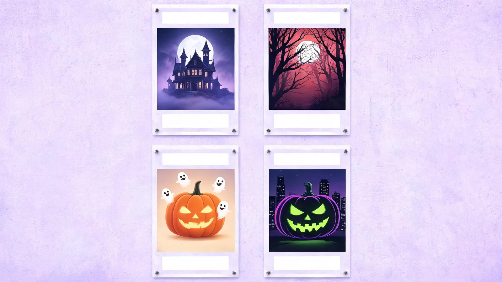 Editorial mood board of haunted-house, vintage horror, friendly pumpkin, and neon Halloween poster concepts
