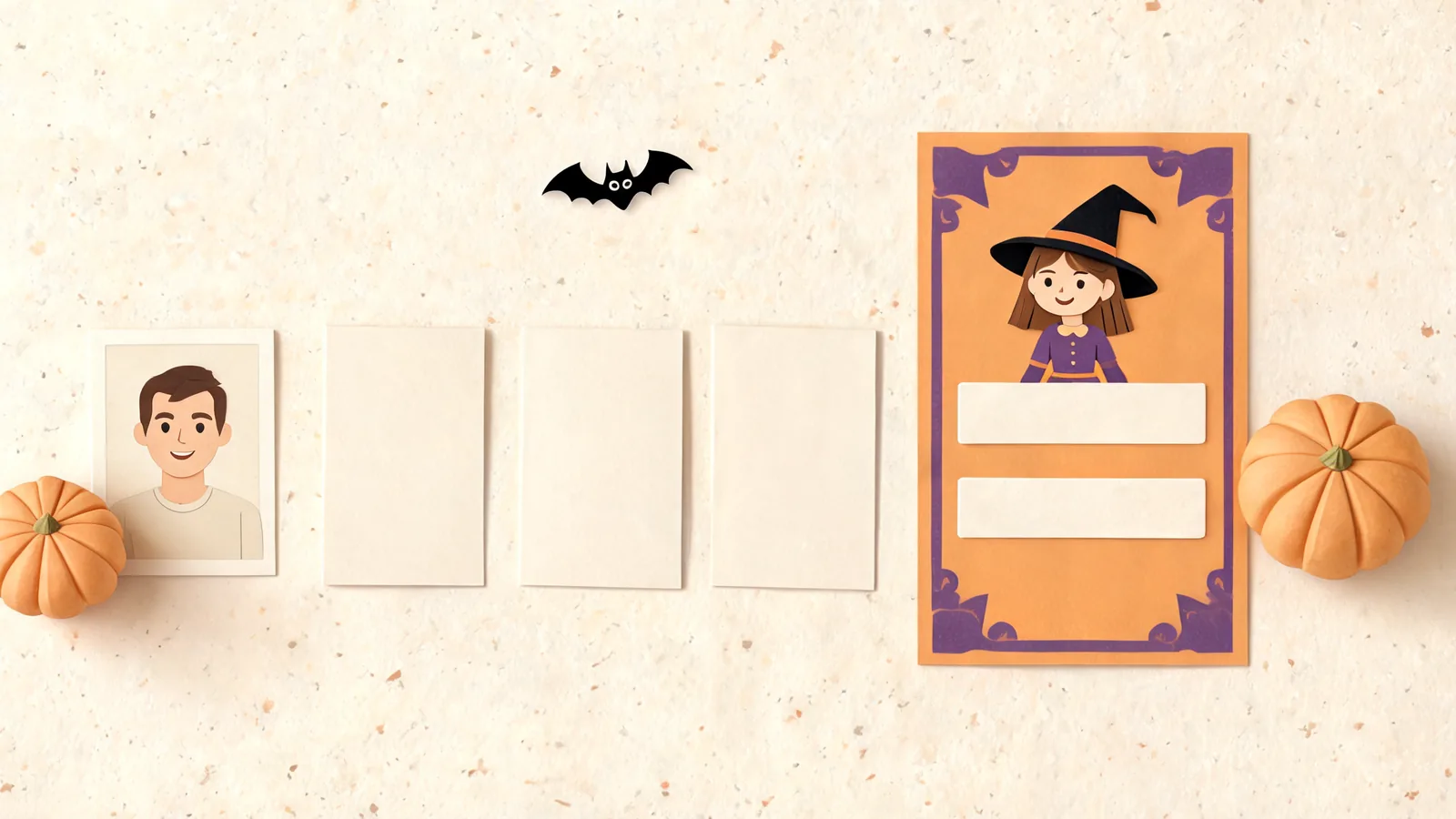 Editorial illustration of a portrait card and a separate witch invitation beside three blank detail cards