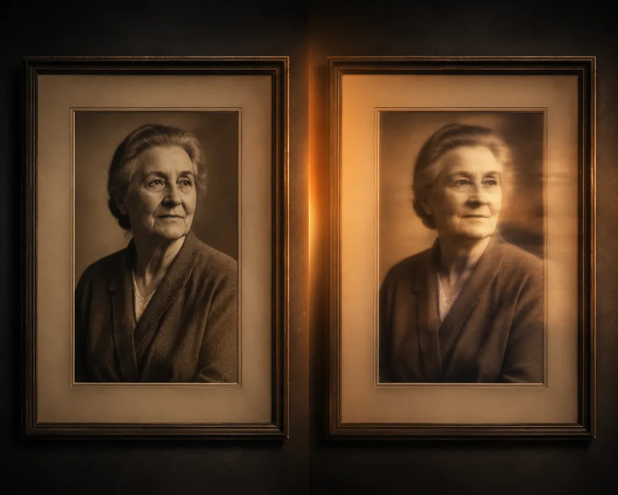 A still vintage portrait on the left beside the same portrait with gentle implied motion on the right, showing a photo brought subtly to life