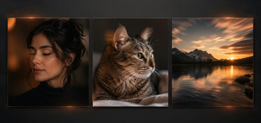 A three-part grid showing a portrait, a pet, and a landscape, each with a subtle motion cue indicating the kind of movement that suits it