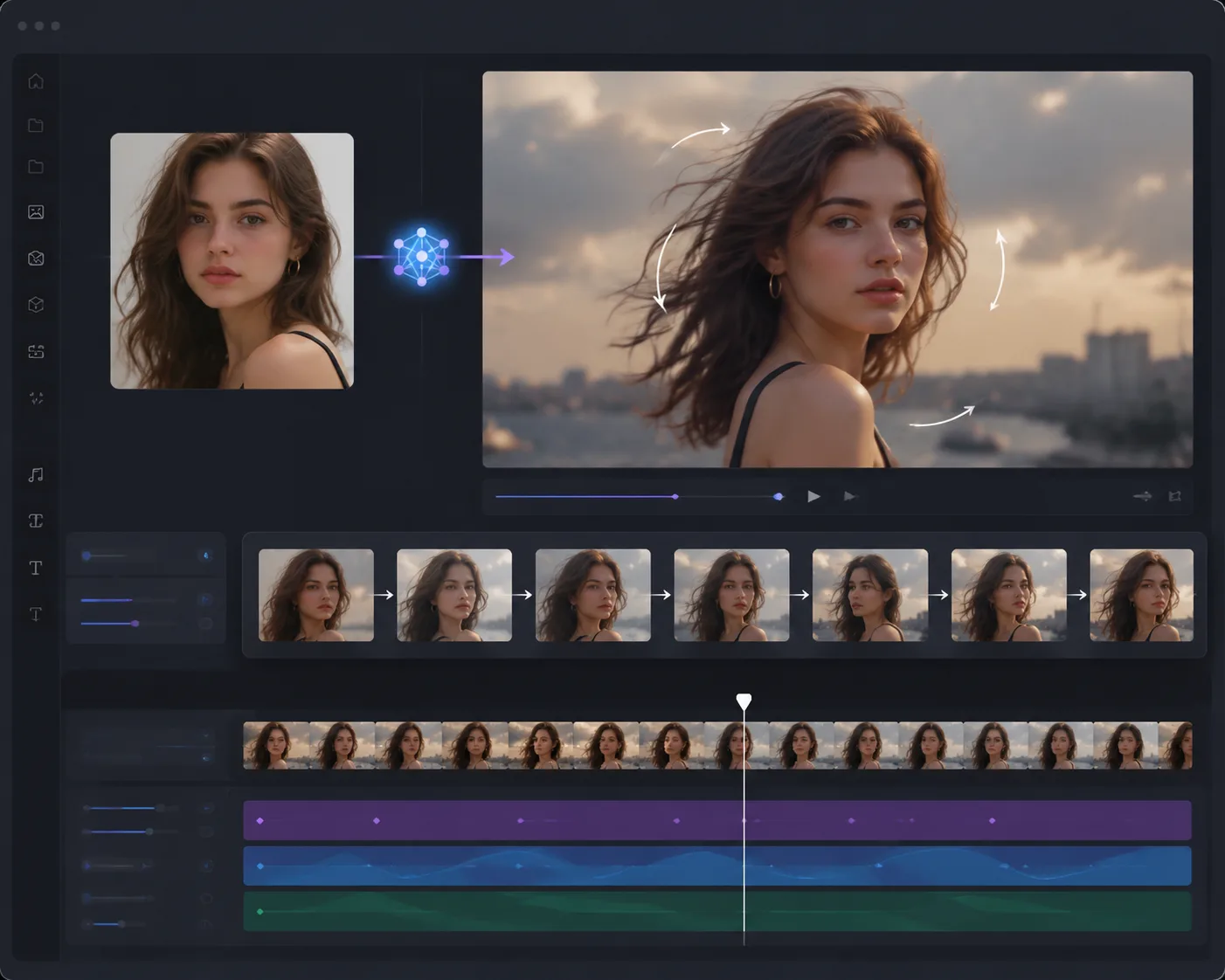 Creator workspace showing a still photo becoming a short AI video with motion arrows and timeline frames