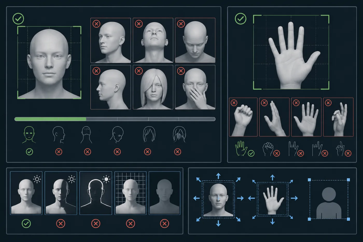 A clean portrait and hand source-frame quality board showing simple gestures, clear edge separation, and modest motion arrows, no readable text or logos