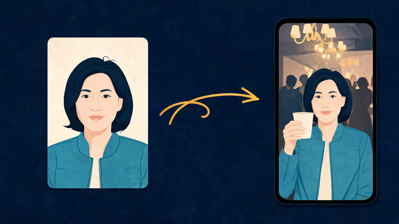 Editorial illustration of an adult portrait leading to an imagined vertical party clip