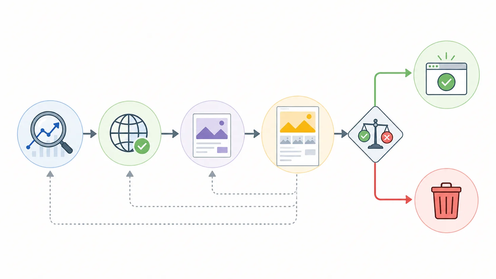 A simple editorial decision flow from trend signal to permitted source, small template test, full-frame review, and publish-or-skip decision; no brand interface or text-heavy UI