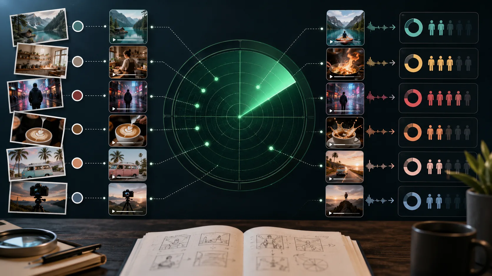 An editorial AI video trend radar board with generic short-video thumbnails, source-photo notes, movement patterns, and audience-fit markers; no platform logos or readable text