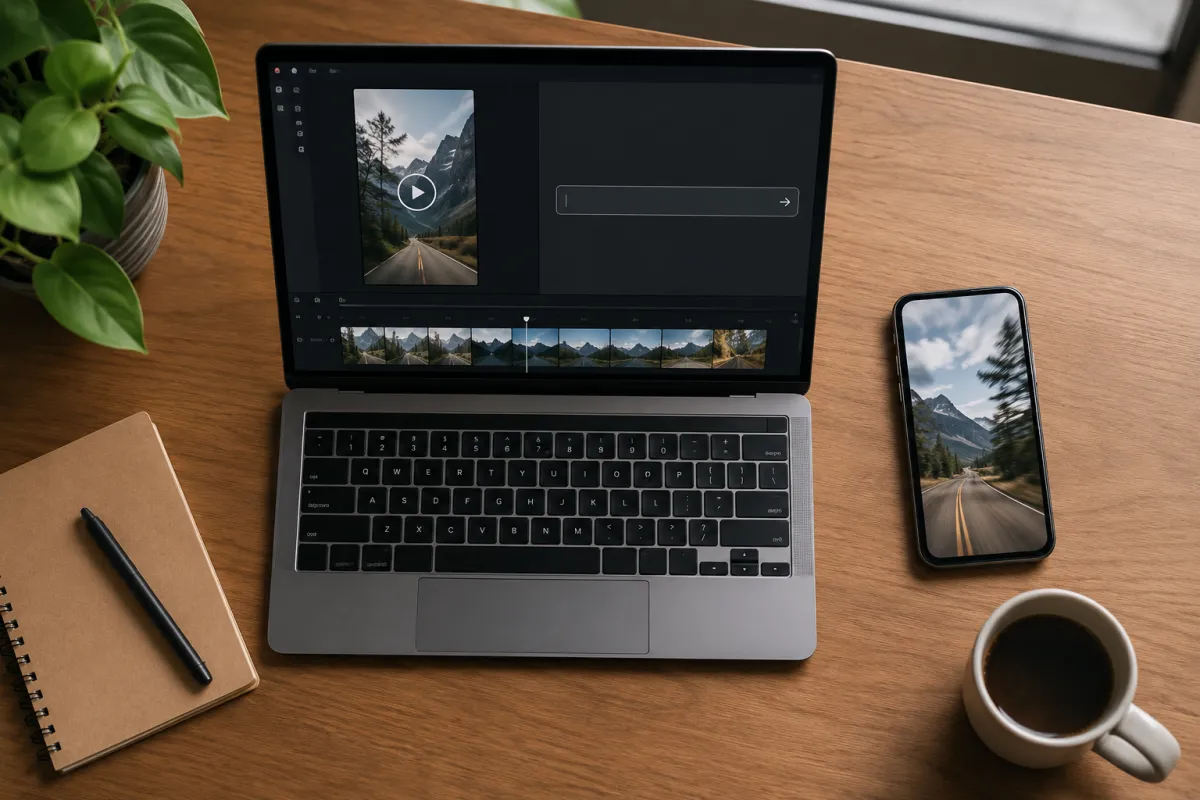 A creator's desk with a laptop showing a vertical video preview and a phone displaying a short AI-generated clip, illustrating the upload-prompt-download workflow