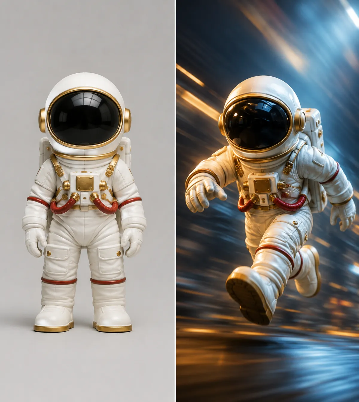 A split image: on the left a static still photo, on the right the same subject animated into a cinematic motion frame, showing the before-and-after of image-to-video