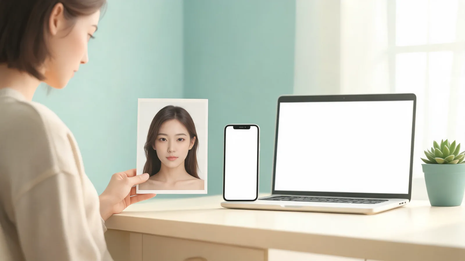 Editorial illustration of an adult choosing a clear portrait beside blank device screens