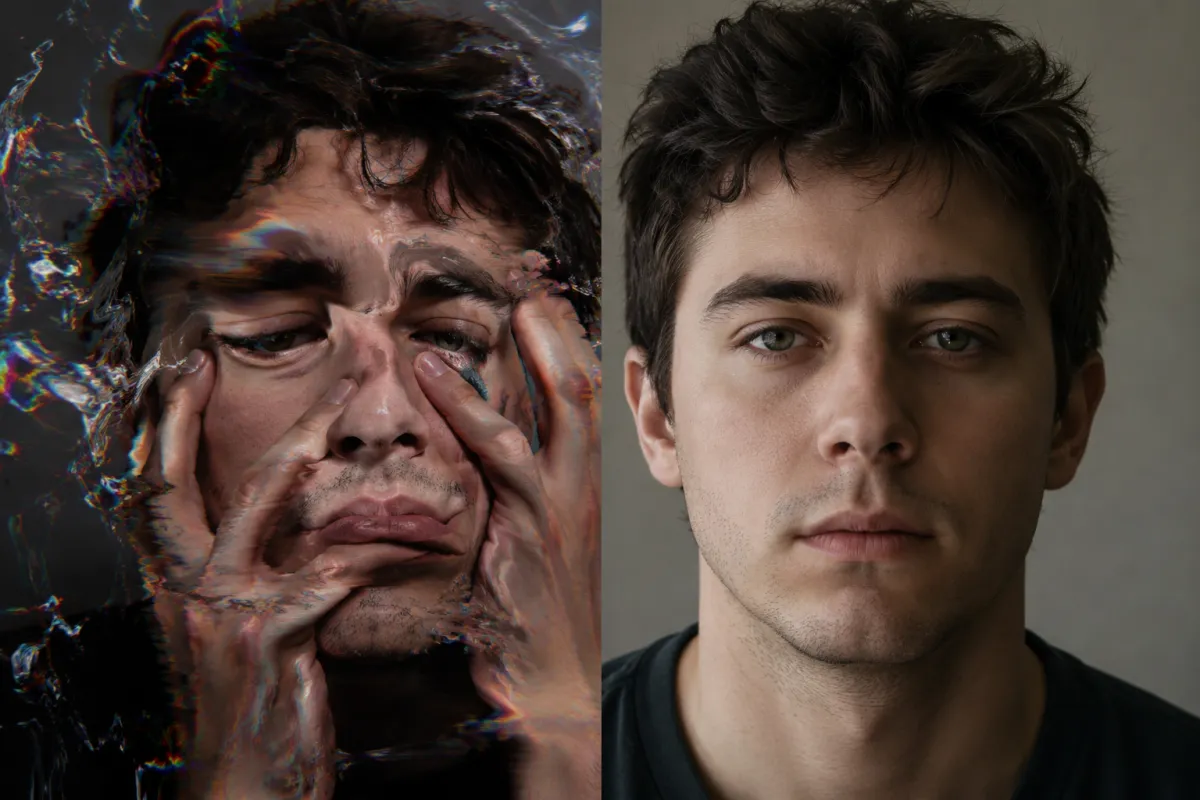 Split comparison of a warped, over-animated AI video frame next to a clean, believable AI video frame of the same person