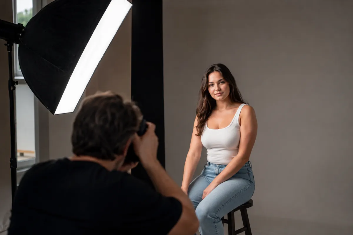 A photographer's clean, well-lit portrait setup with a single soft light, illustrating the ideal source frame for realistic AI video