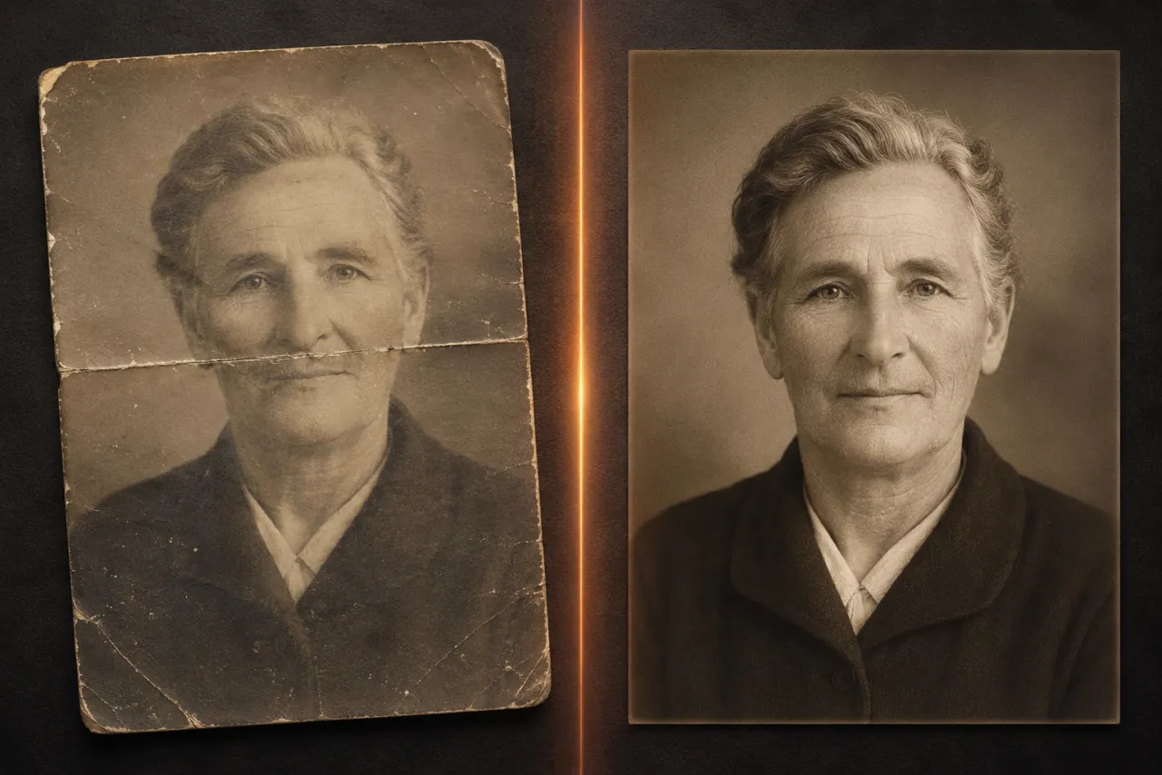 A damaged faded old portrait on the left beside the same photo restored, straightened, and sharpened on the right, showing why cleanup comes before animation