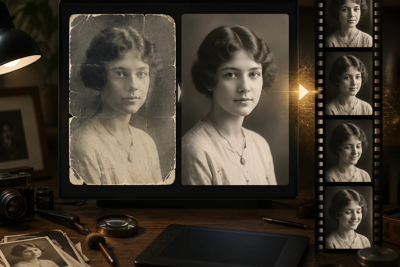 Old photo restoration workflow showing a damaged portrait restored before becoming a subtle AI video frame sequence