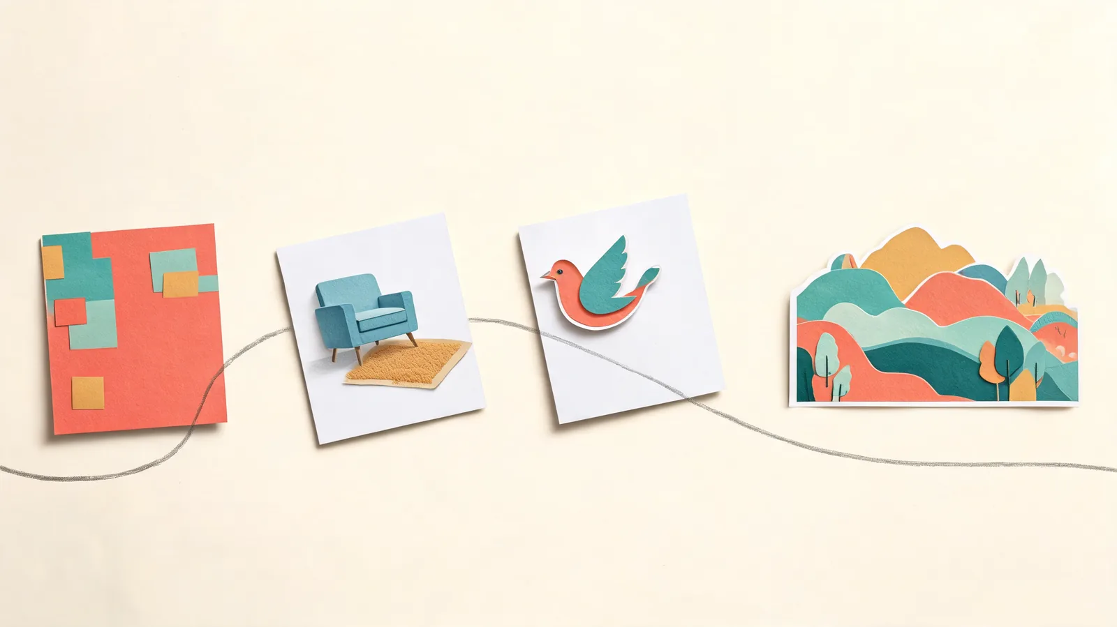 Paper collage showing a poster, room mood board and bird illustration connected into an image-making workflow.