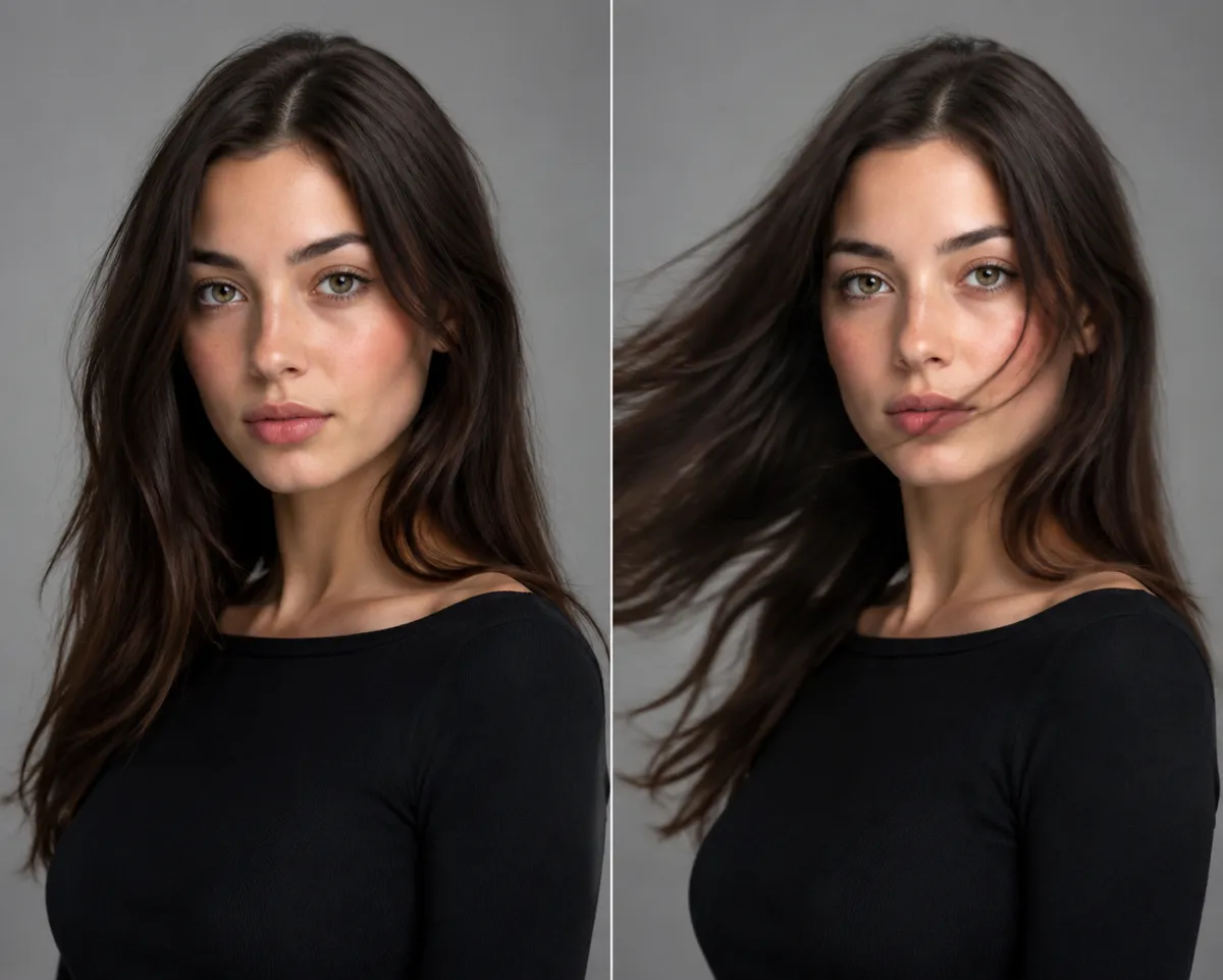 Split concept showing a still portrait photo on the left and the same photo animated into motion on the right, soft studio lighting