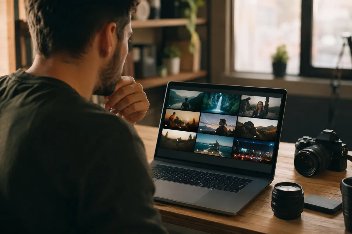 A creator at a laptop reviewing several short generated video clips arranged on screen, warm natural light