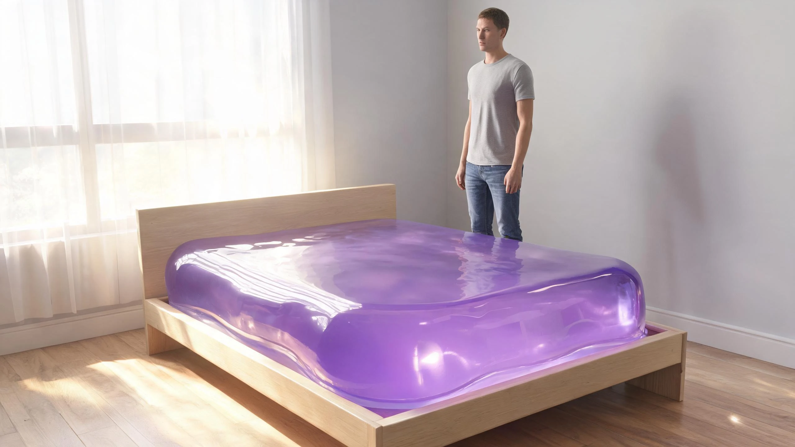 A clearly fictional violet translucent jelly mattress in a modern bedroom with an adult beside it for scale