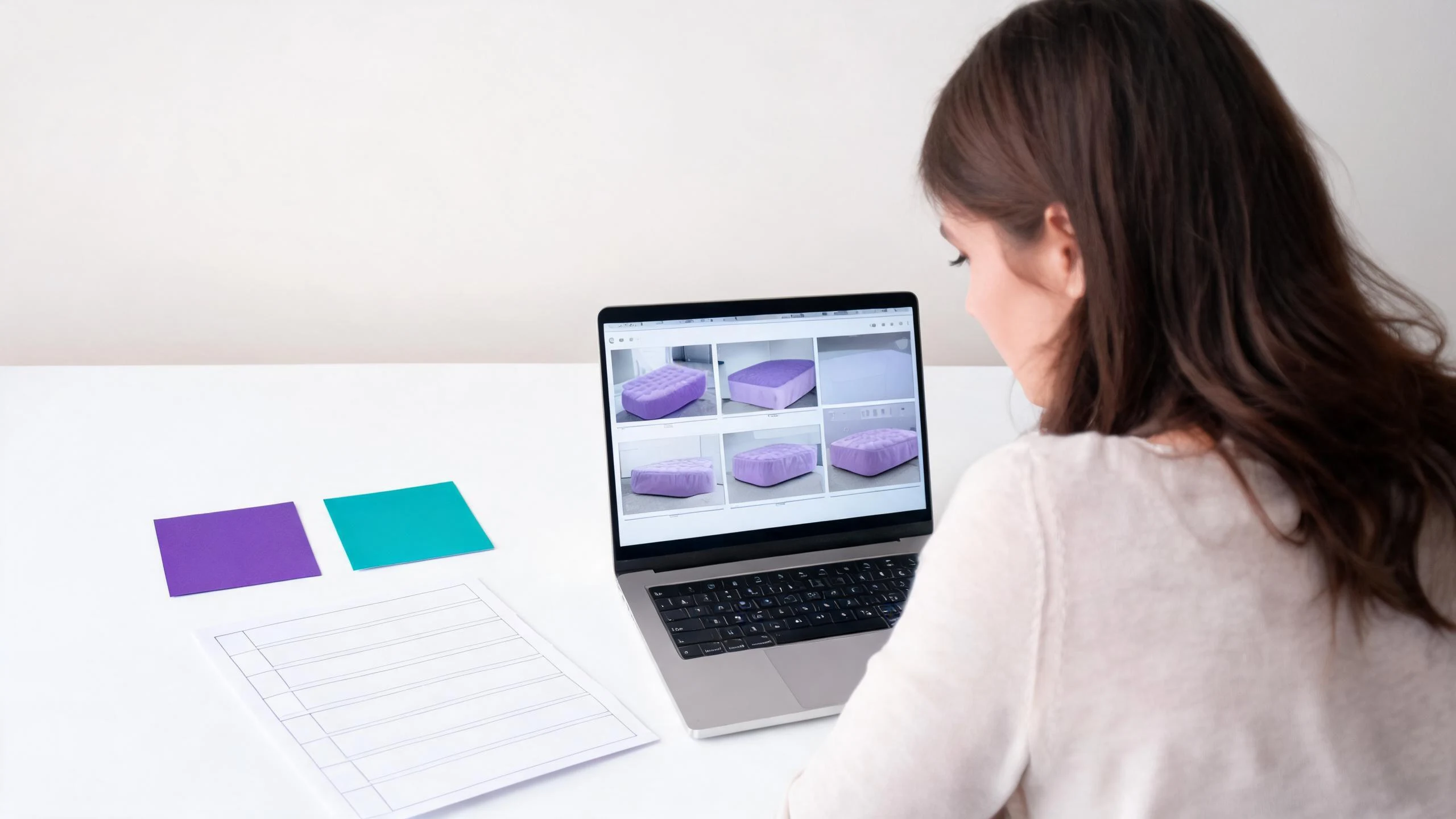 A creator reviews a fictional jelly mattress storyboard with color swatches and a shot list