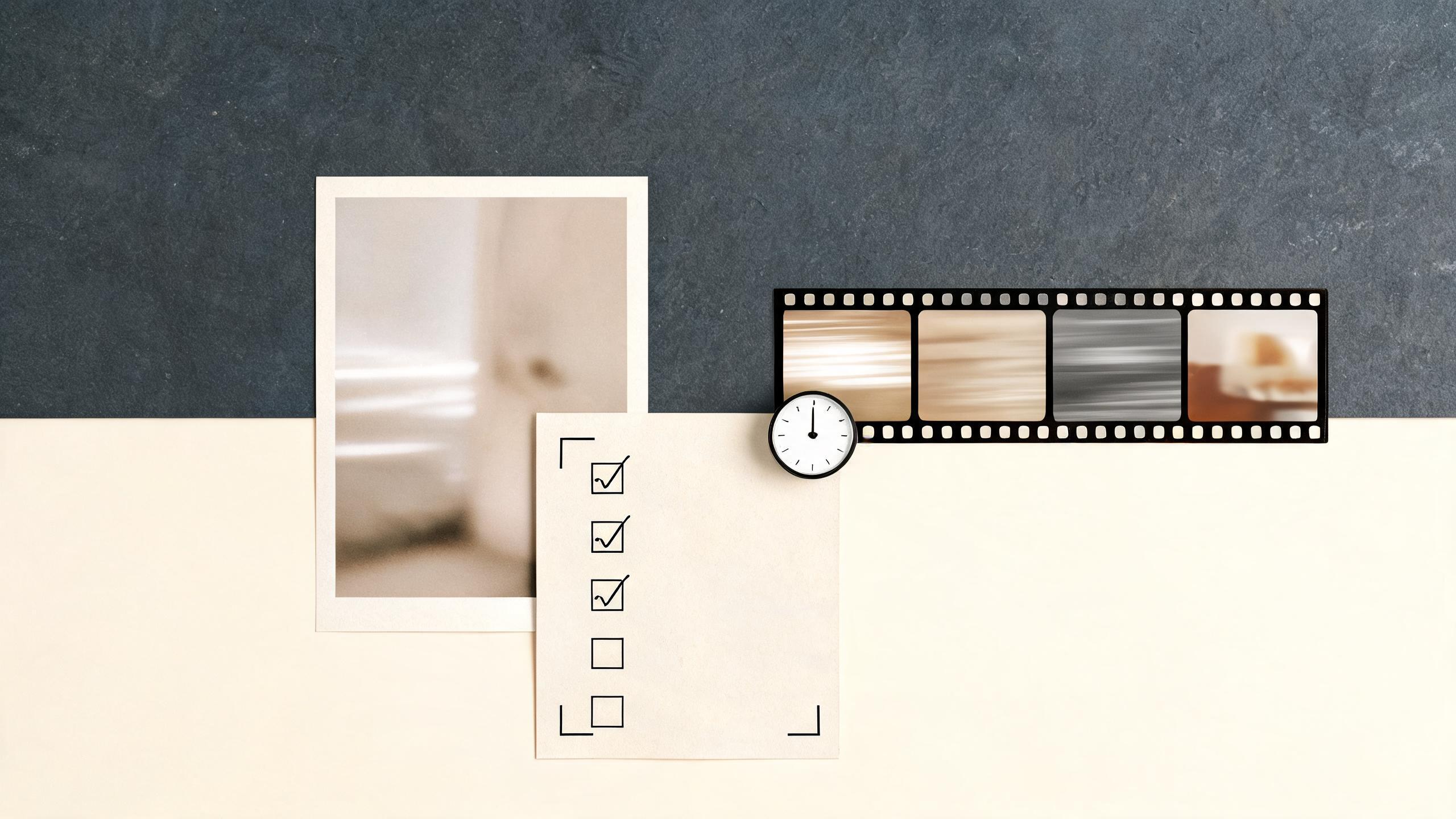 Editorial workspace with a generic unbranded mug photo, a short three-frame motion strip, a clipboard checklist, and simple crop guides; no brand UI, no readable text, no imitation of a real product screen