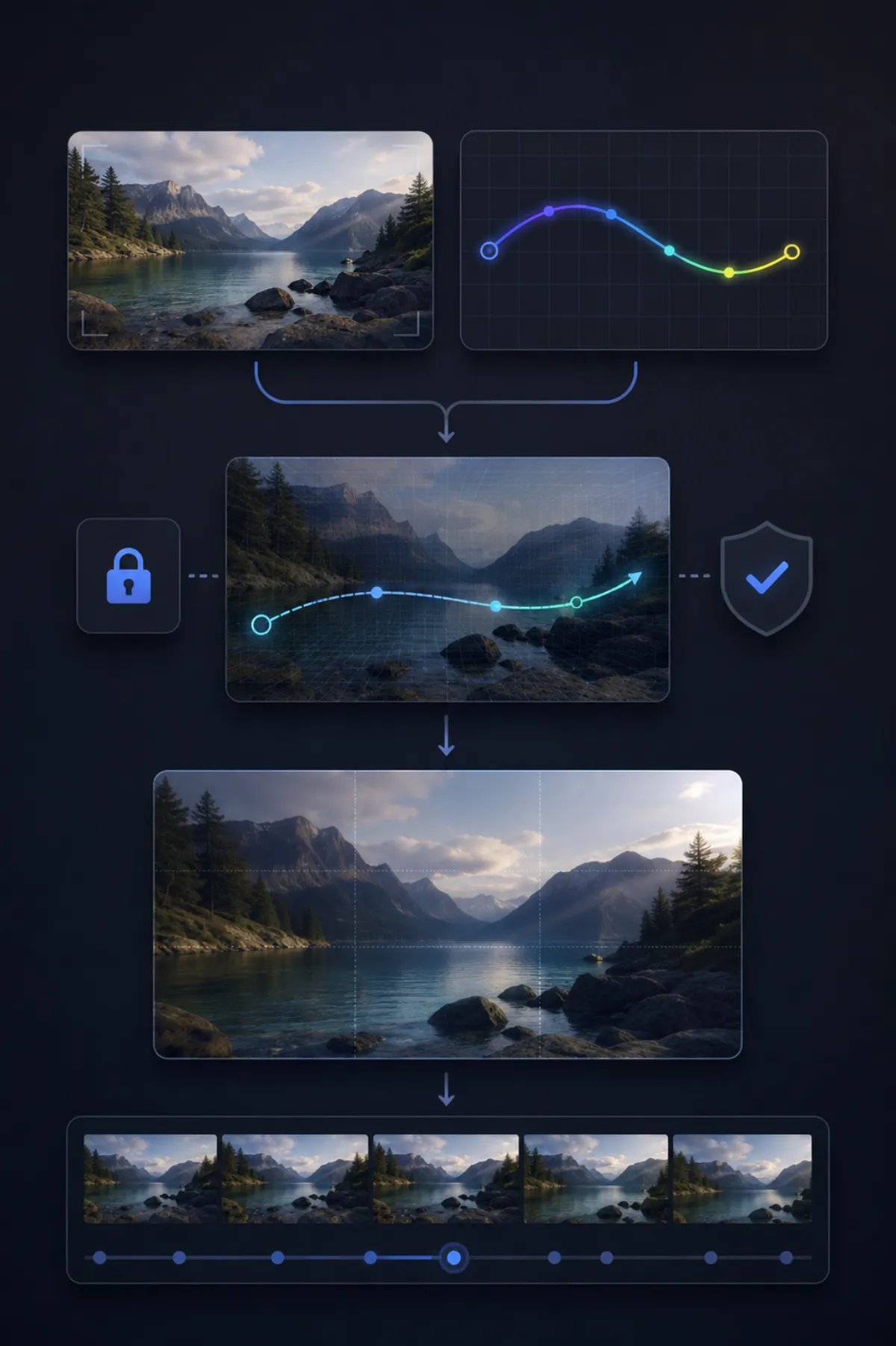 Editorial motion-control workflow diagram with a small target-image card, a separate abstract movement path card, stability locks, and a final review strip; intentionally no dancer portrait or scene matching the cover