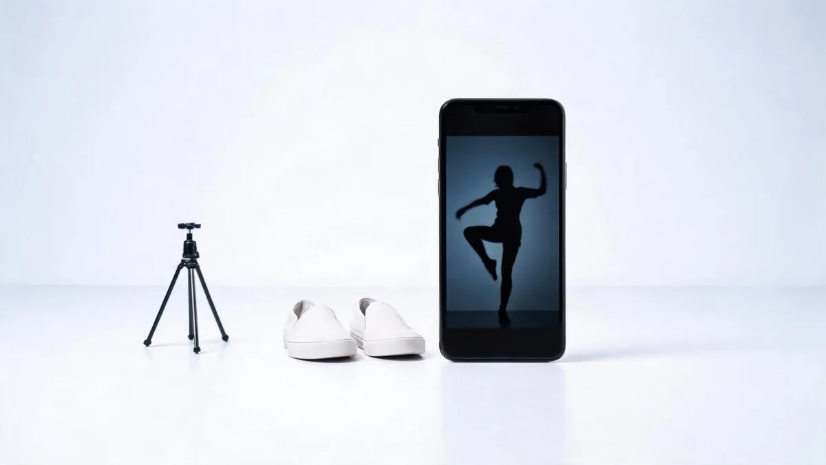 AI dance video review setup with a generic dance silhouette on a phone, tripod, and shoes in a clean studio scene