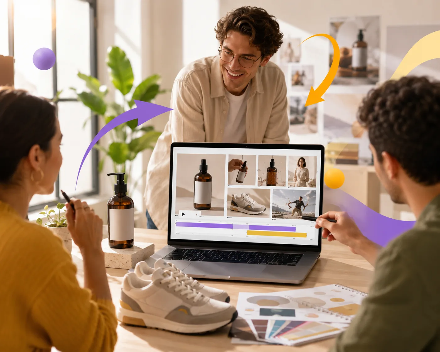 AI video ads generator workspace with product photos, prompt notes, and short ad frames