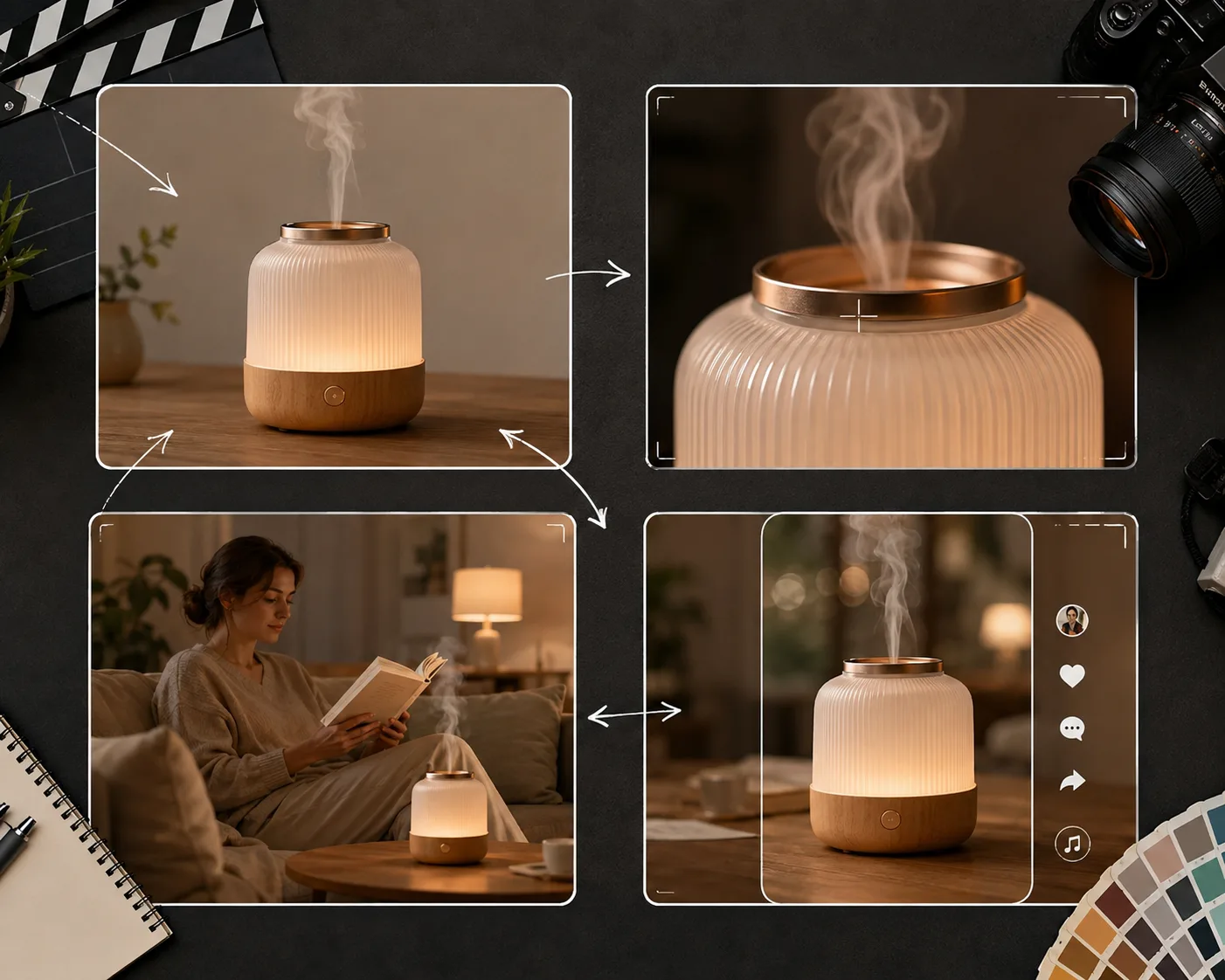 Four-frame storyboard for an AI video ad made from one product photo