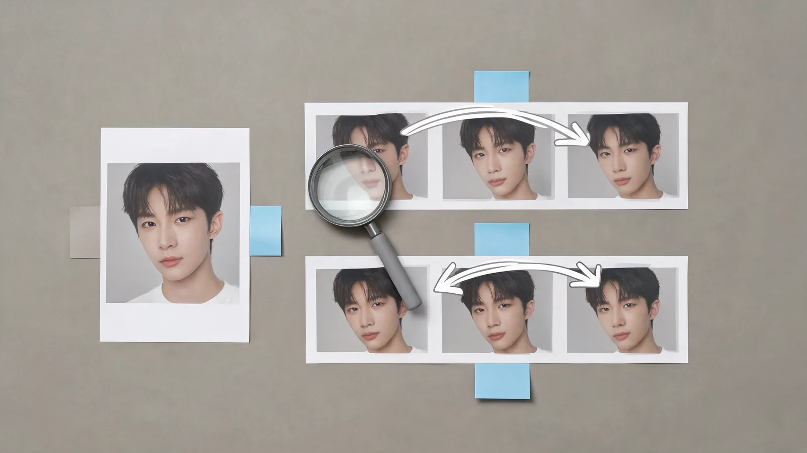 A portrait and two simple motion strips sit beside a magnifier for a deliberate frame-by-frame review
