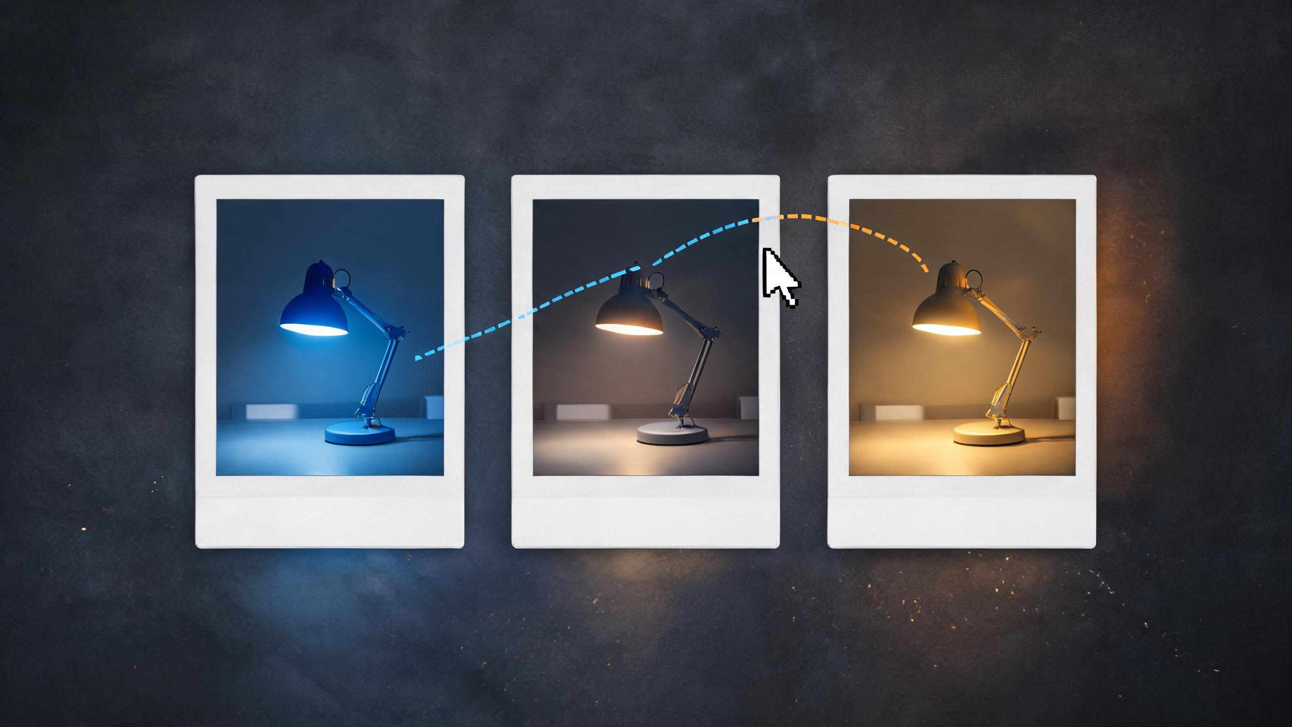 Three review cards show the same blue lamp moving from a cool starting scene to a warm final scene, with a restrained motion path between them.