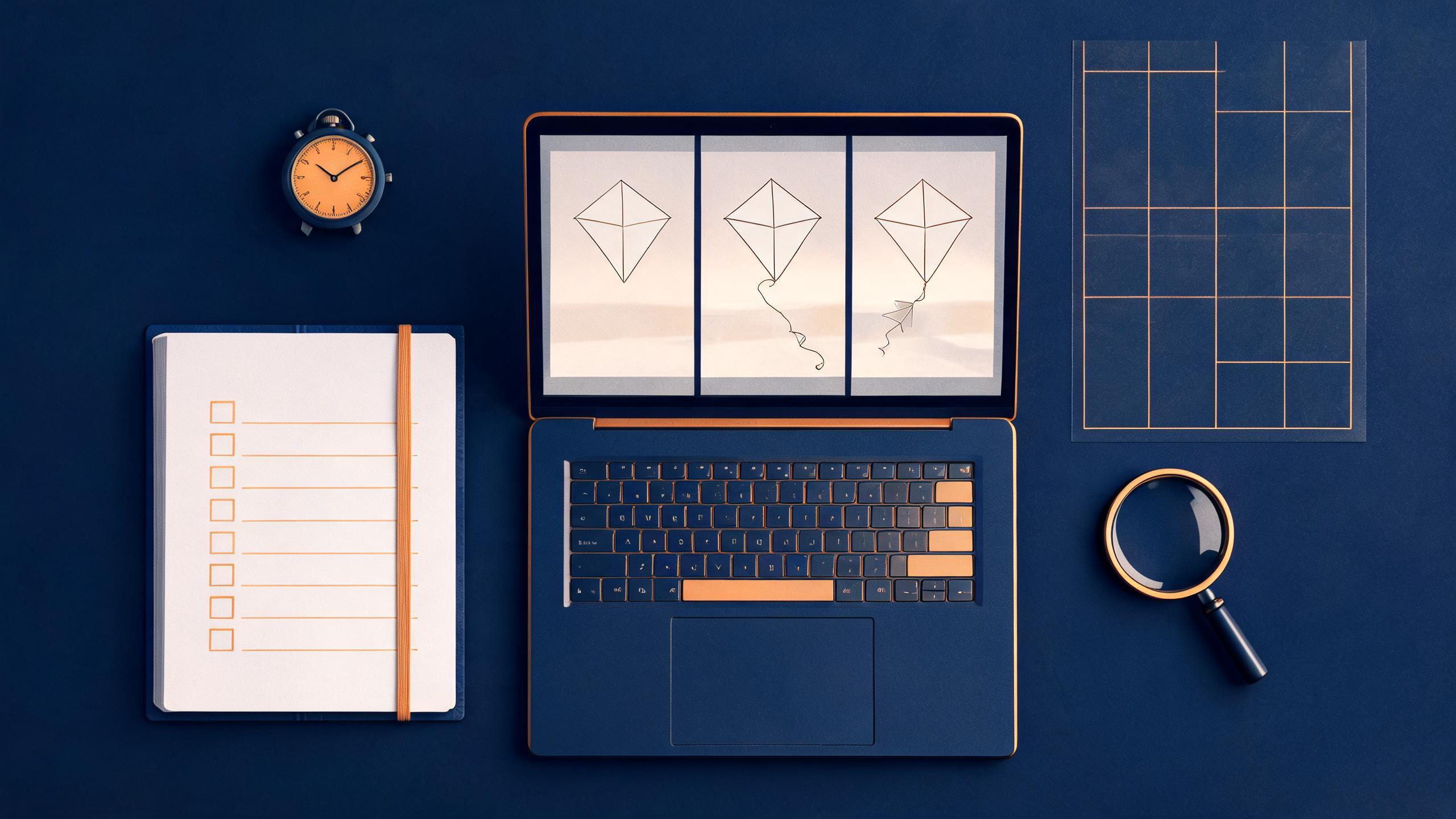 A conceptual quality-review workstation with a notebook checklist, a stopwatch, a composition grid, and three non-branded kite-scene review panels