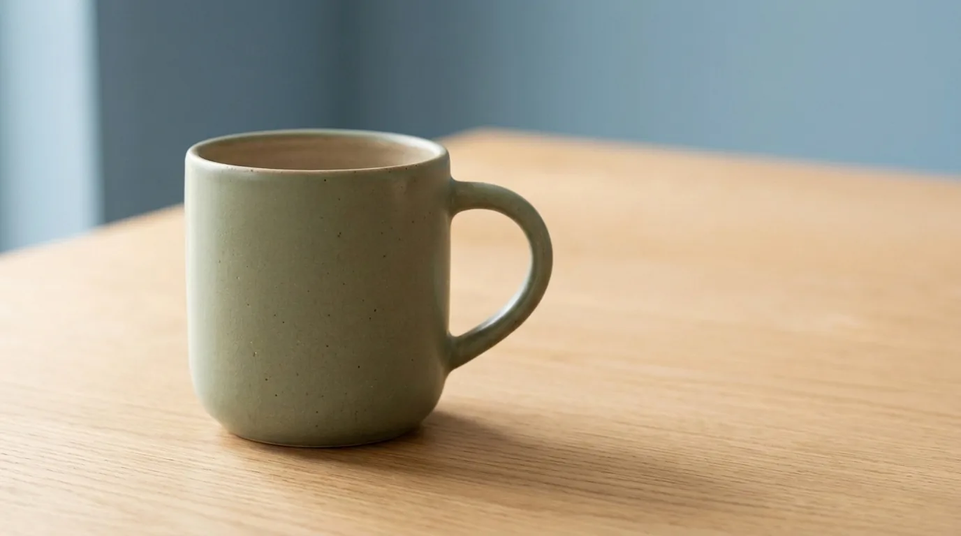 Example output of ClipTrend (Nano Banana 2.1): original green mug scene edited to a dusty-blue wall