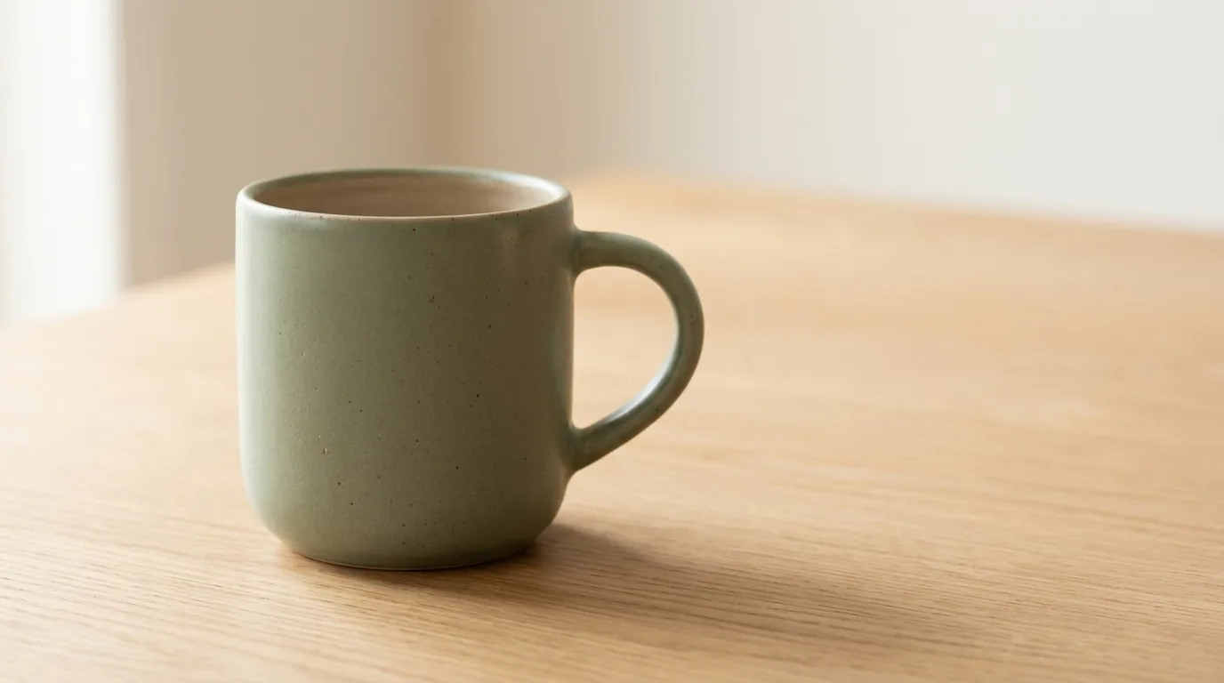 Example output of ClipTrend (Nano Banana 2.1): sage-green ceramic mug with space on the right
