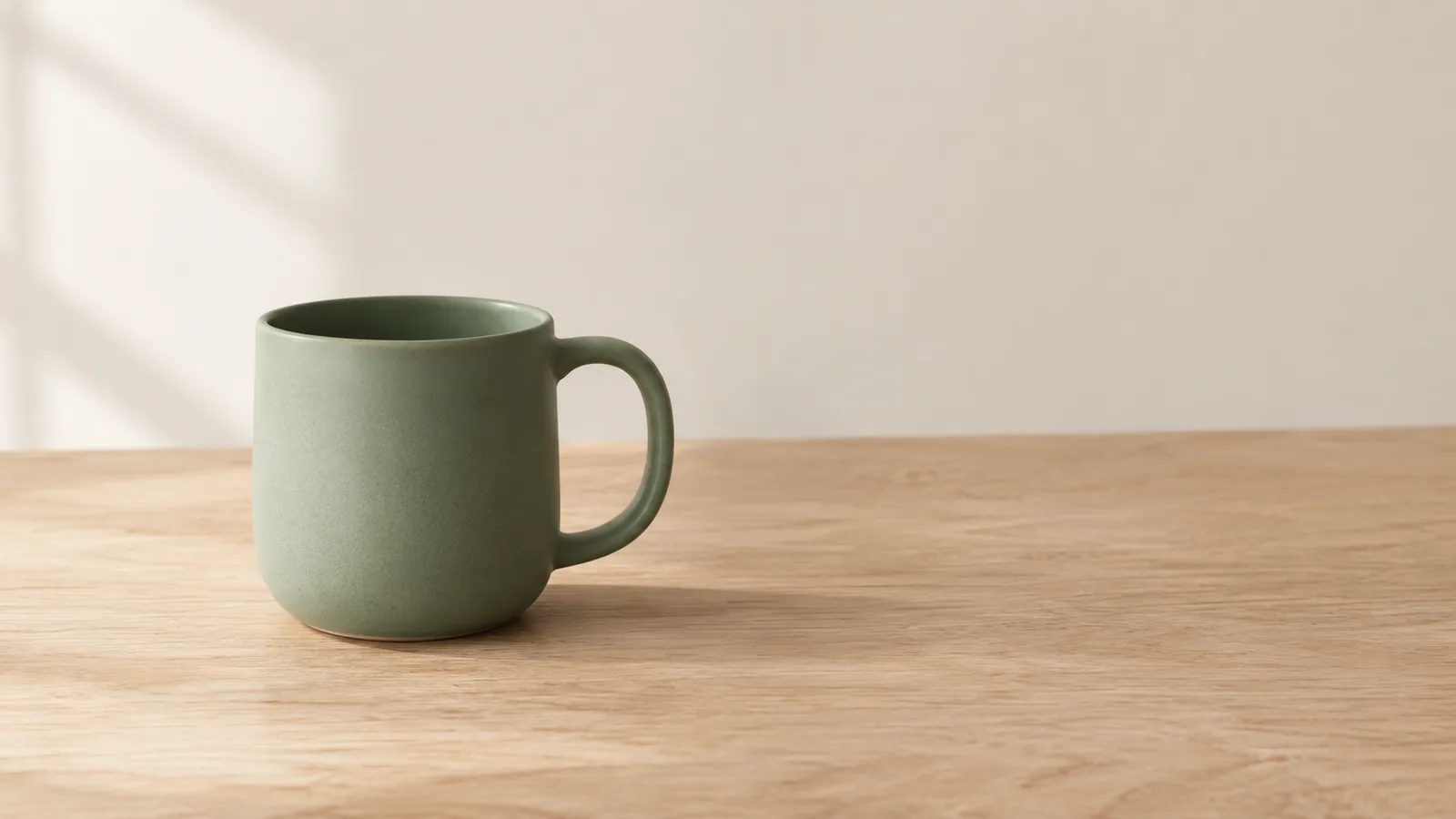 Example output of ClipTrend (GPT Image 2.5 Flare): sage-green mug with generous open tabletop on the right