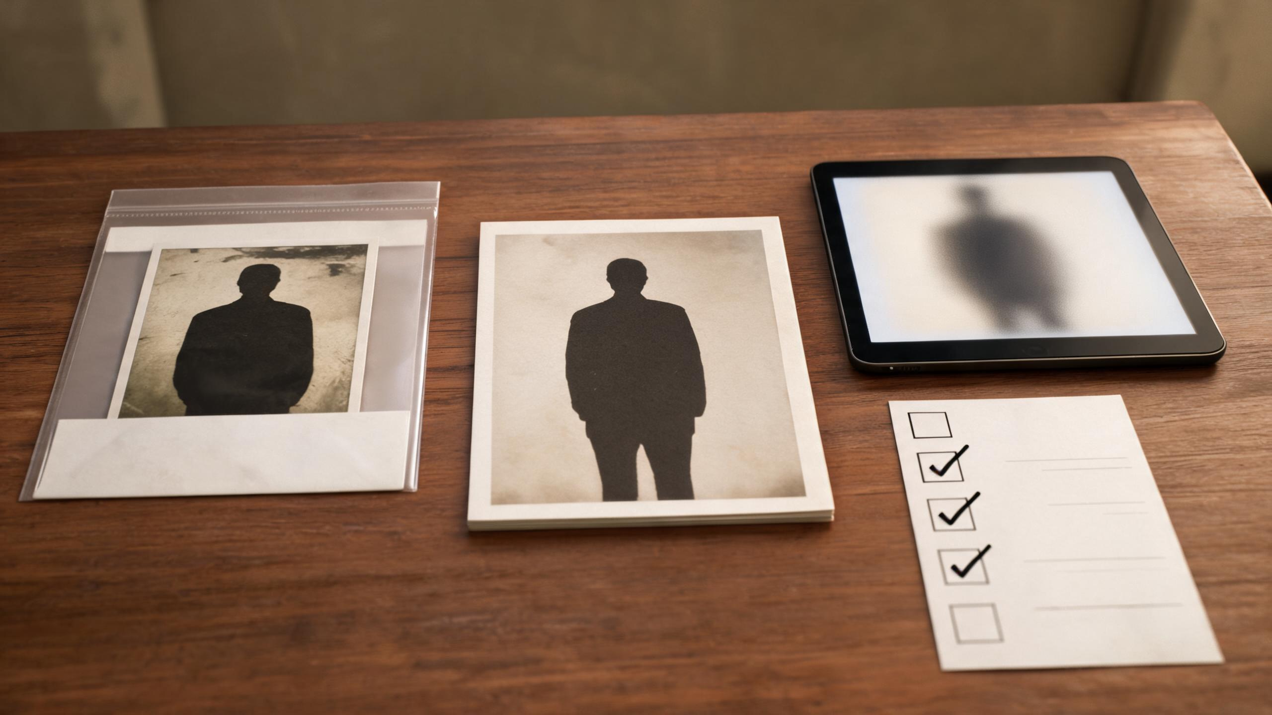 A calm family-memory review scene with labeled original scan, restored still, generated motion version, and a paper checklist; no real family members or archival brands